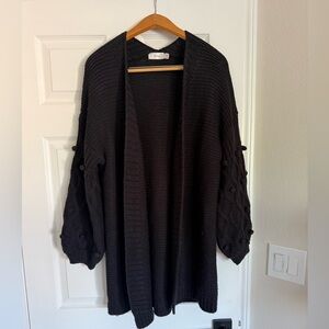 Cozy Black Knit Cardigan Sweater with Pom sleeves